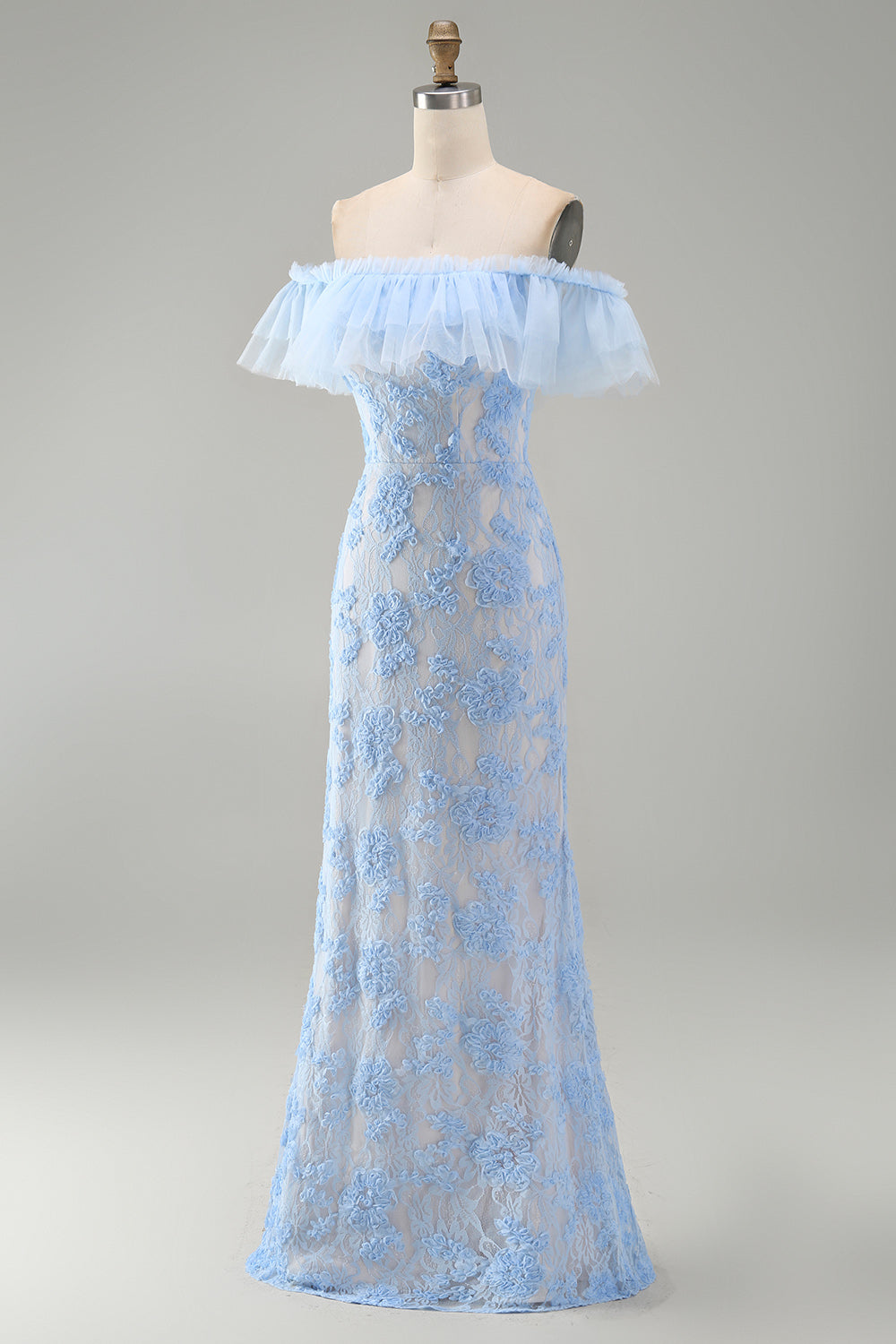 Mermaid Blue Off the Shoulder Ruffled Maxi Floral Dress with Appliques