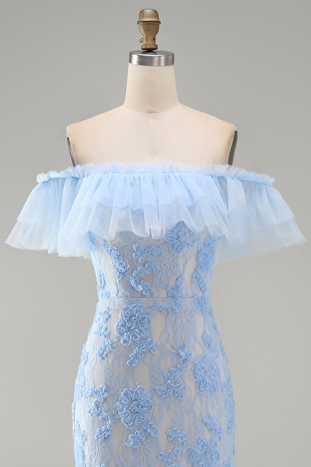 Mermaid Blue Off the Shoulder Ruffled Maxi Floral Dress with Appliques