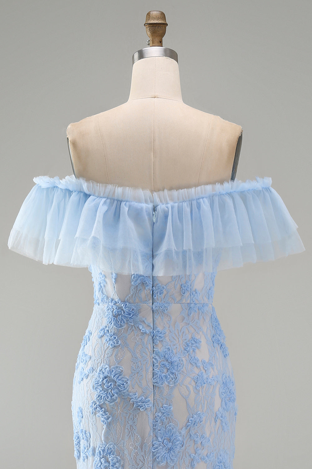 Mermaid Blue Off the Shoulder Ruffled Maxi Floral Dress with Appliques