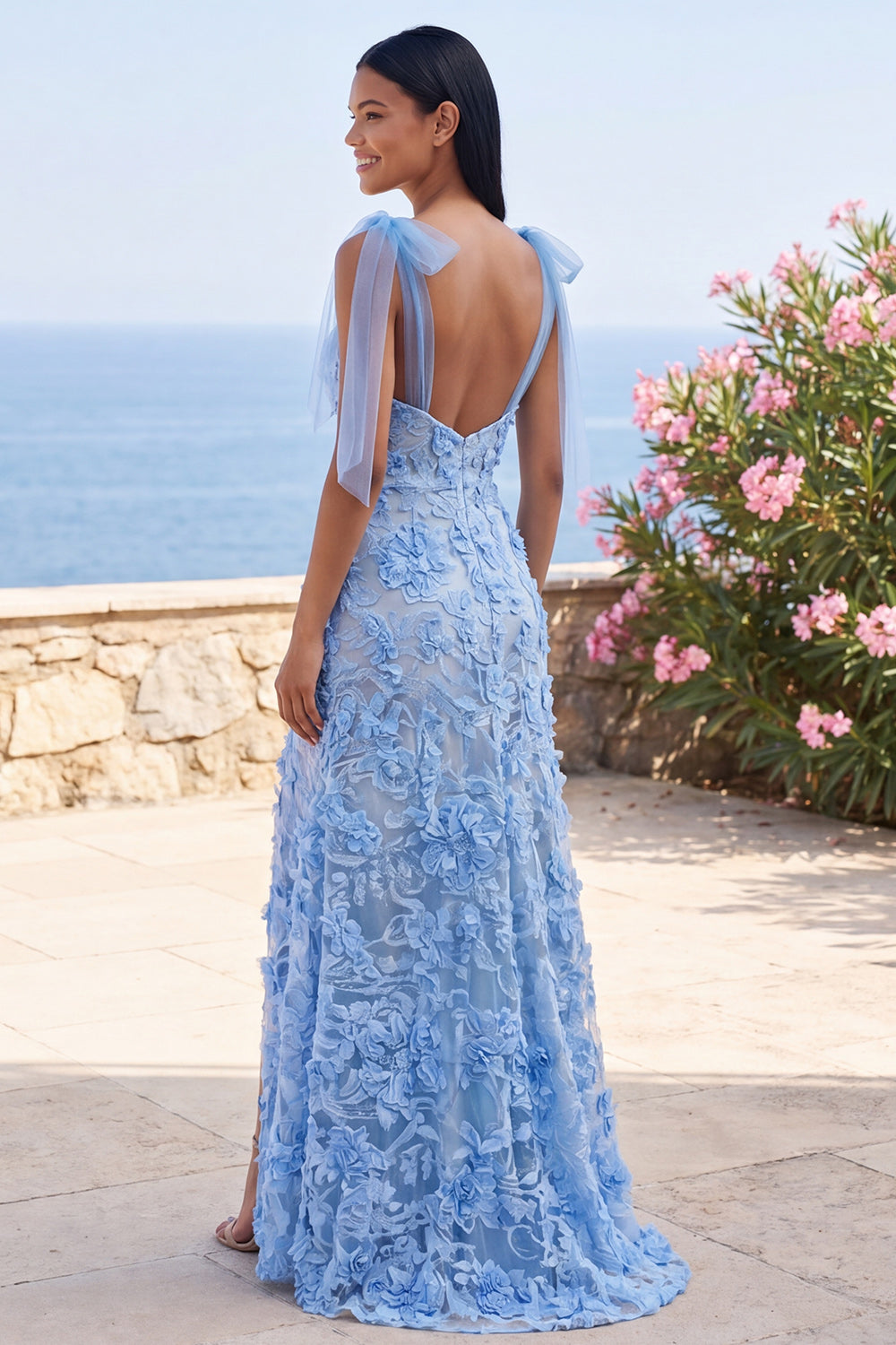 Mermaid Blue Appliqued Floral Maxi Dress with Bow