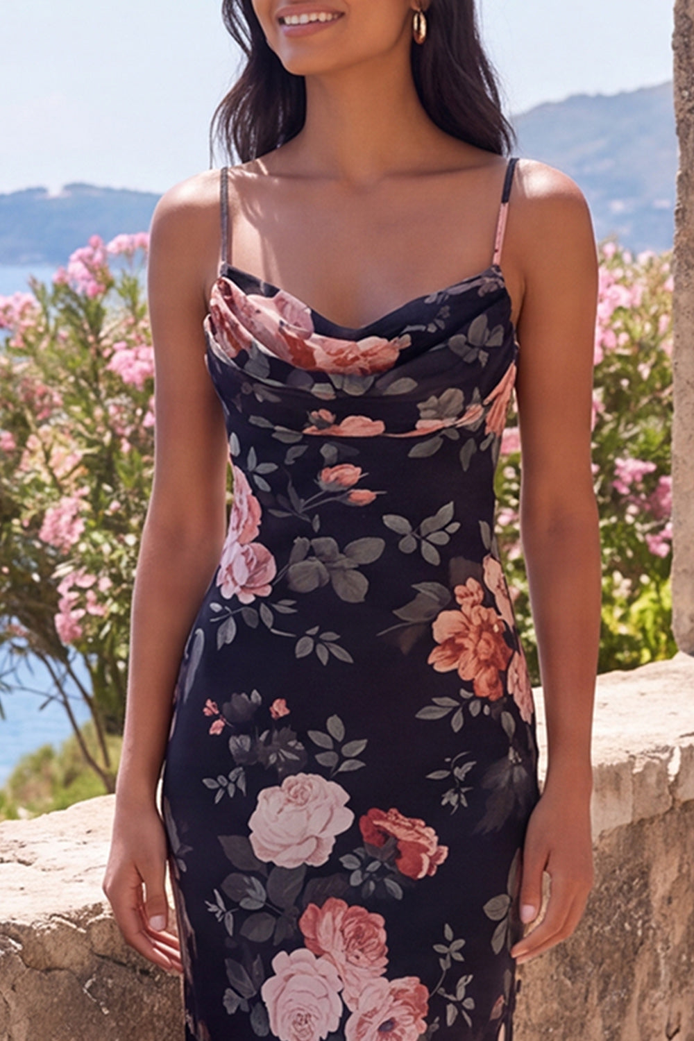 Black Mermaid Floral Ruched Spaghetti Straps Chiffon Long Formal Dress