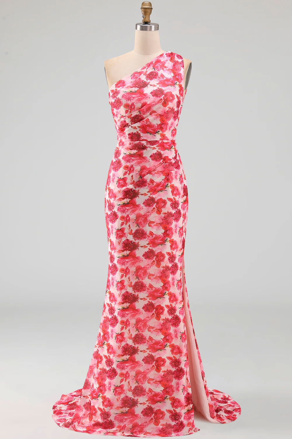 Pink Mermaid One Shoulder Chiffon Floral Maxi Dress