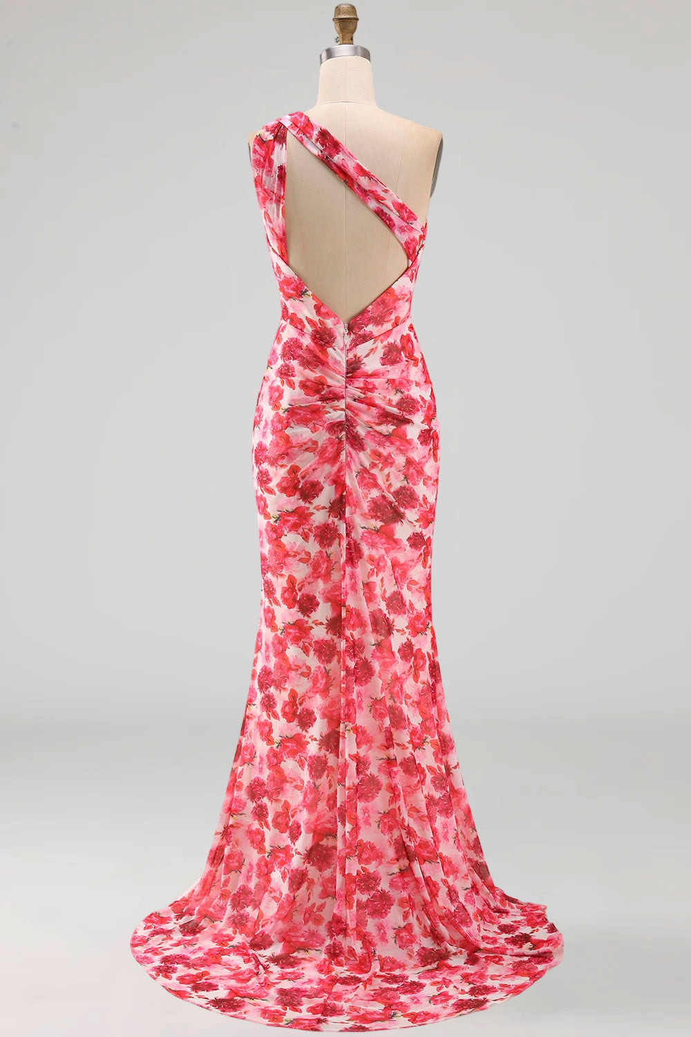 Pink Mermaid One Shoulder Chiffon Floral Maxi Dress