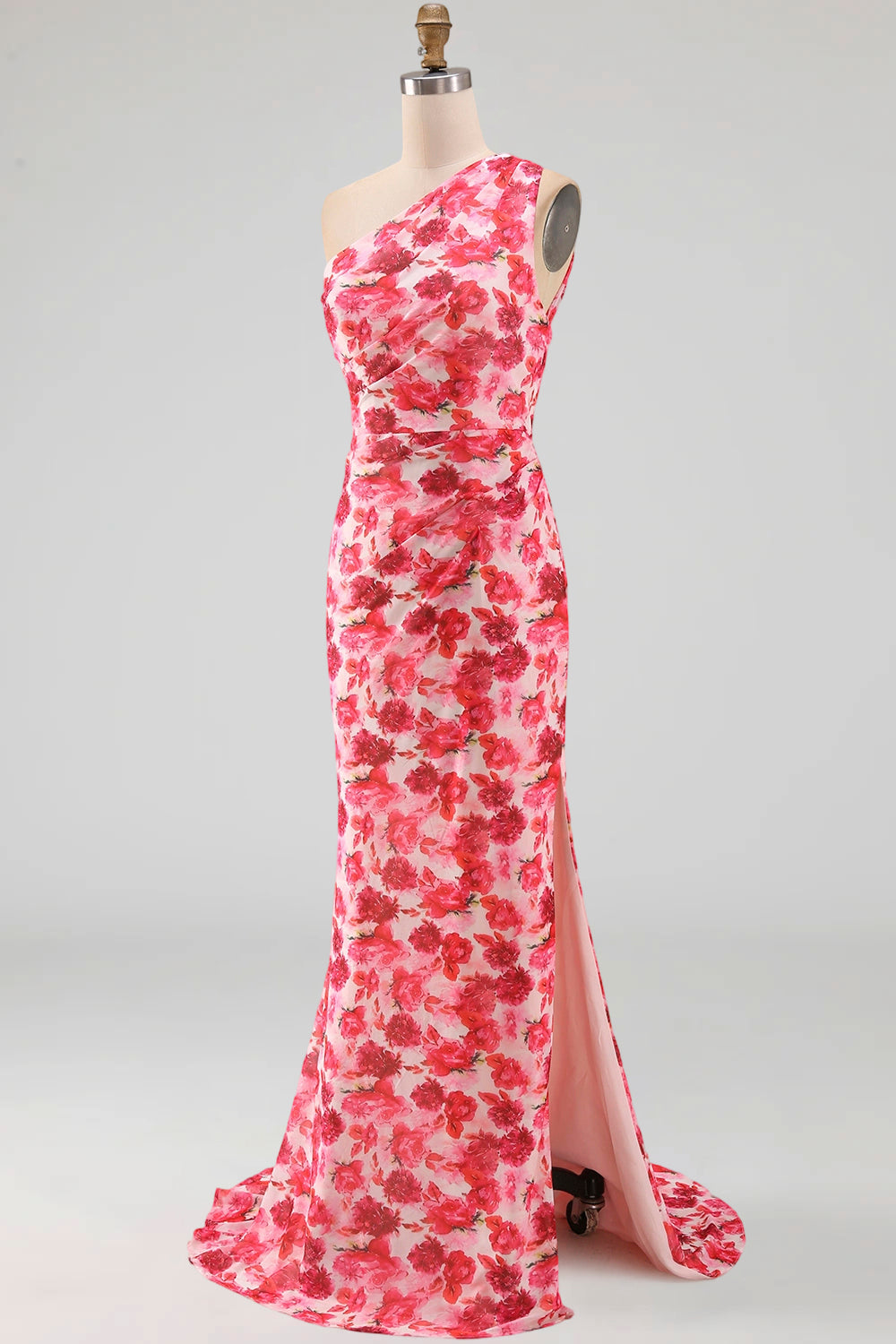 Pink Mermaid One Shoulder Chiffon Floral Maxi Dress