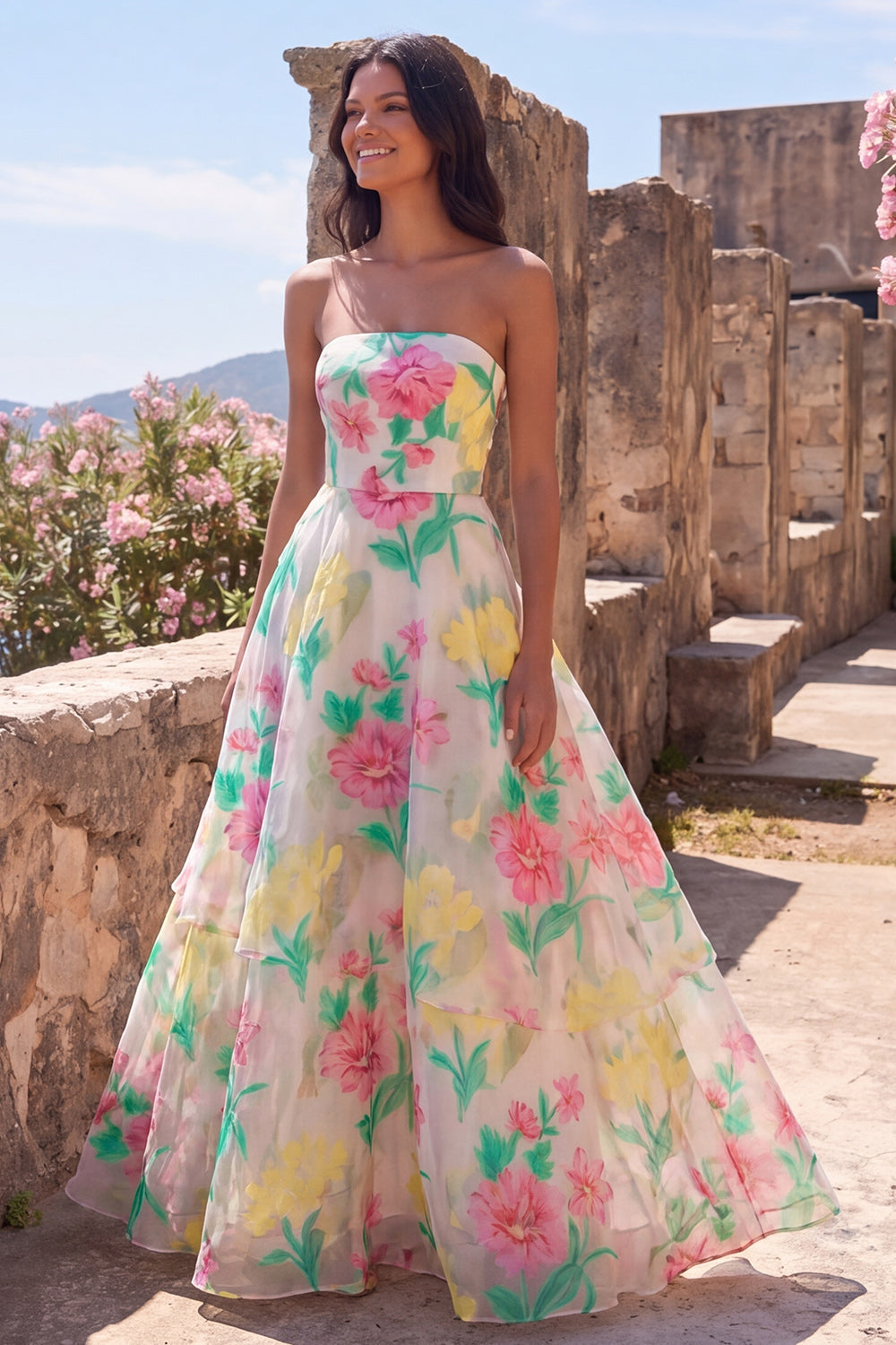 Robe longue bustier évasée rose jonquille