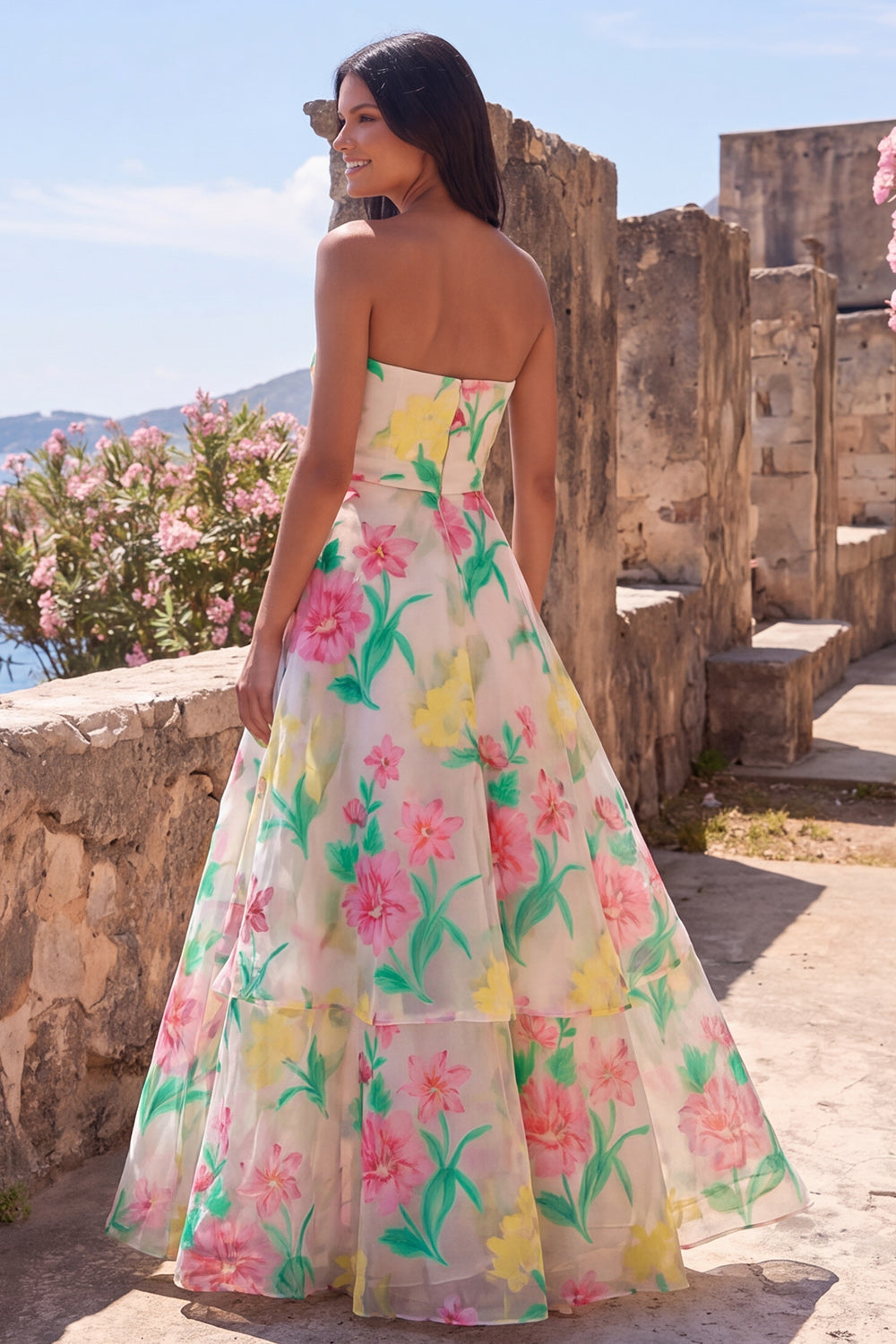 Robe longue bustier évasée rose jonquille