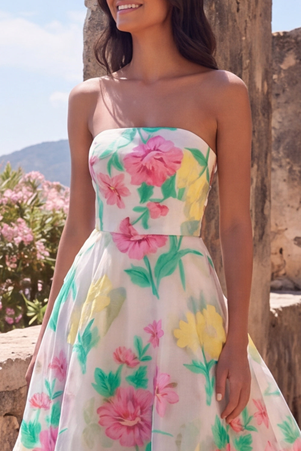 Robe longue bustier évasée rose jonquille