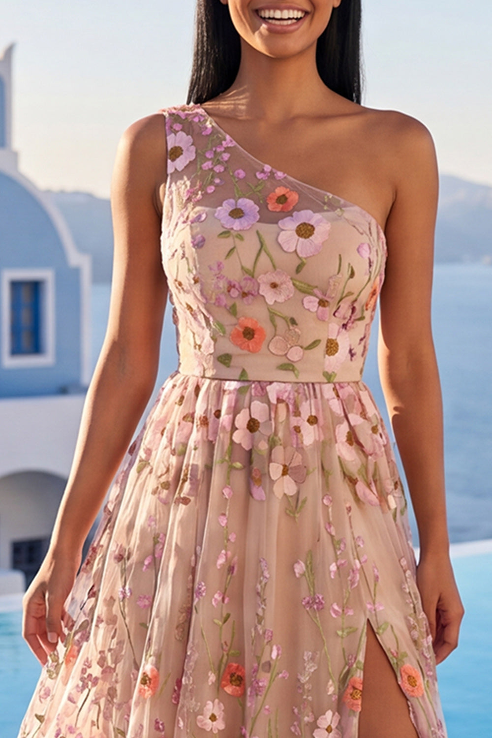 One Shoulder Champagne A-Line Embroidered Maxi Floral Dress with Slit