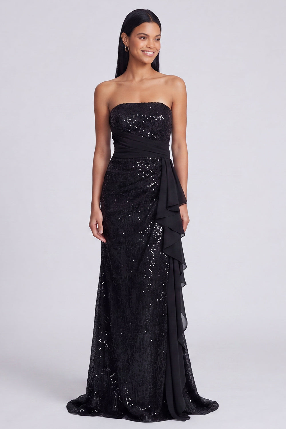 Robe de soirée sirène drapée à sequins rose clair sans bretelles