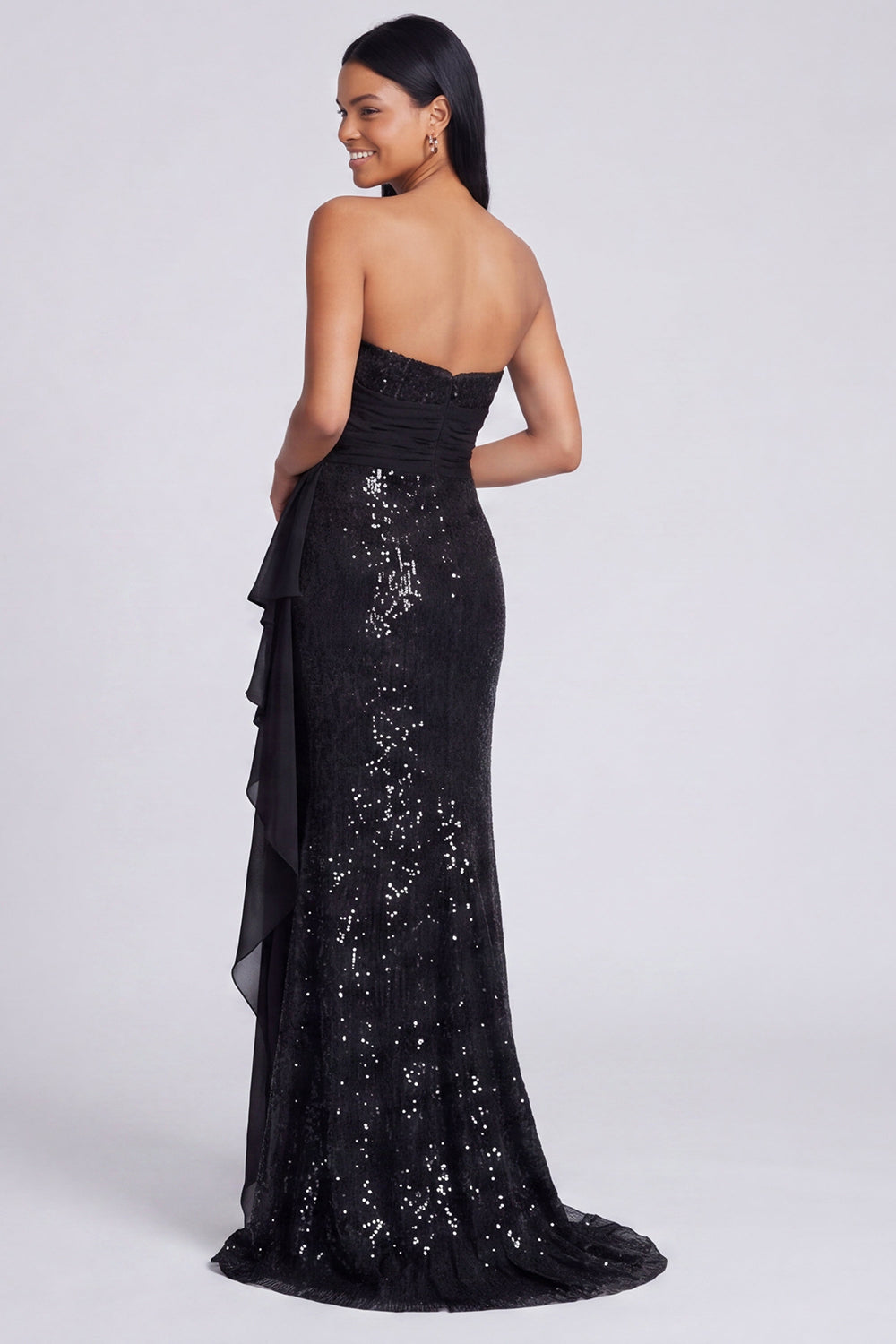 Robe de soirée sirène drapée à sequins rose clair sans bretelles