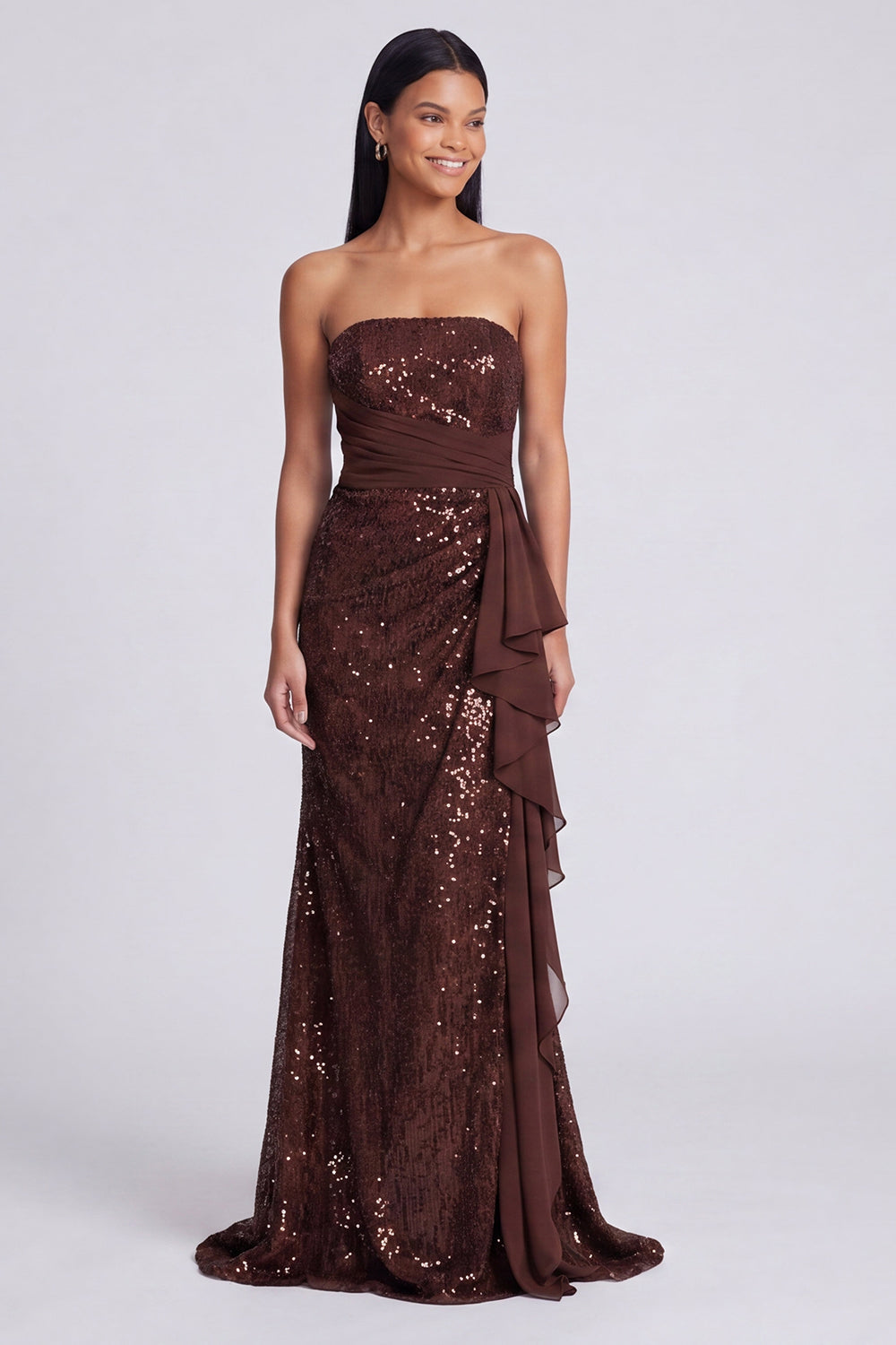 Robe de soirée sirène drapée à sequins rose clair sans bretelles