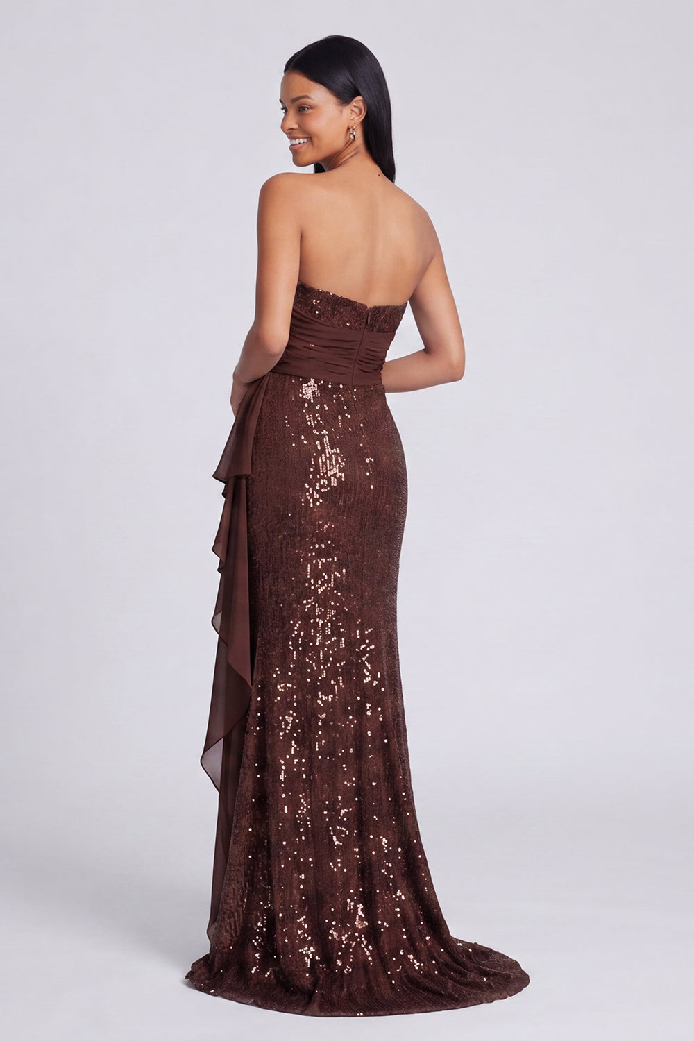 Robe de soirée sirène drapée à sequins rose clair sans bretelles