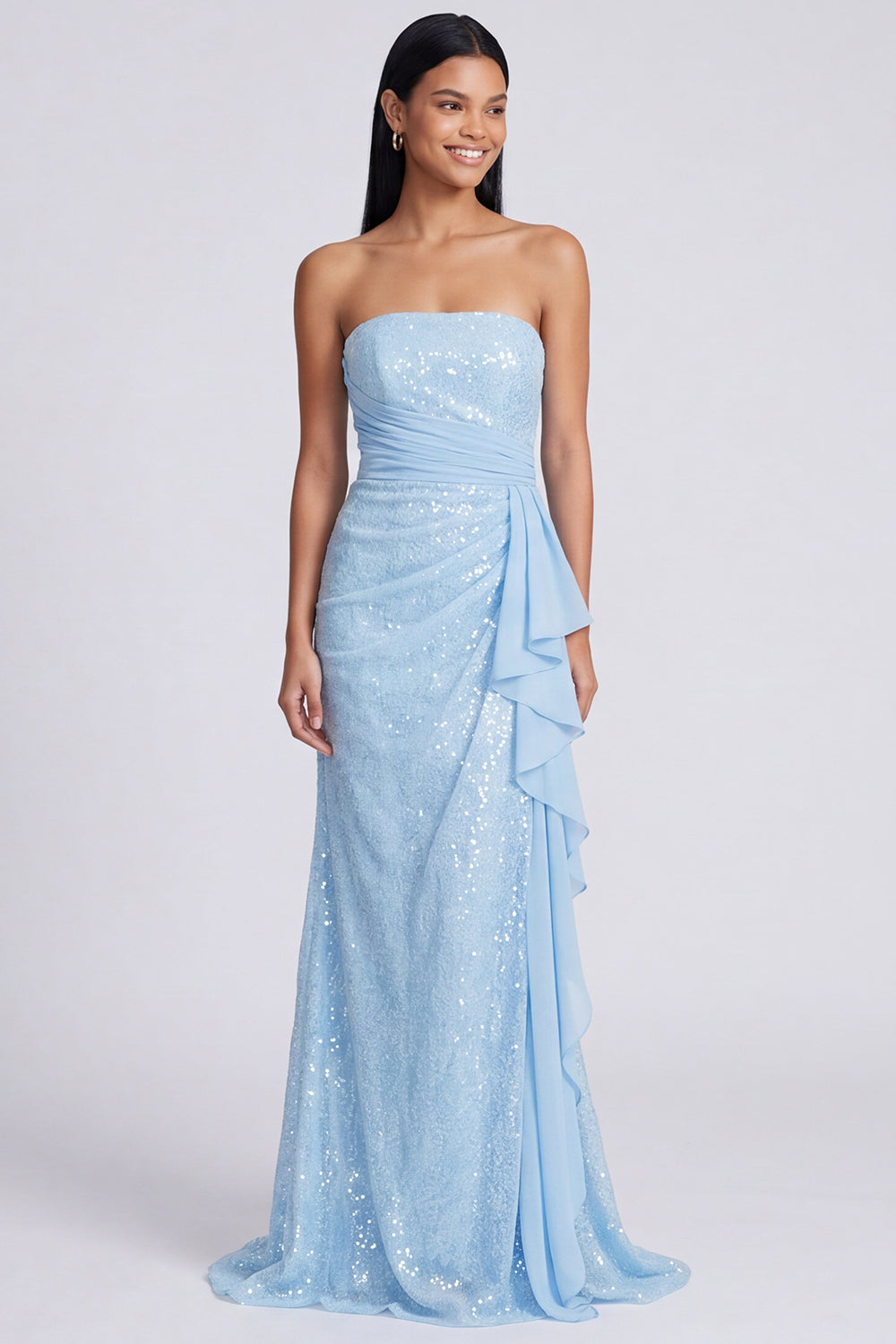 Robe de soirée sirène drapée à sequins rose clair sans bretelles