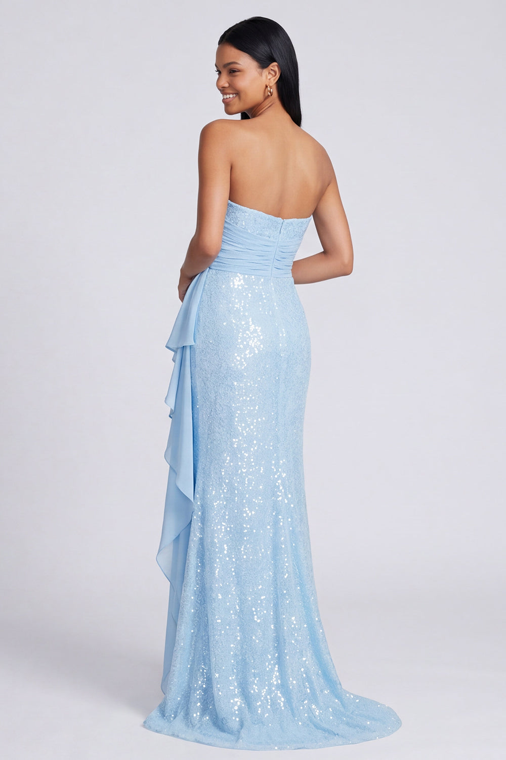 Robe de soirée sirène drapée à sequins rose clair sans bretelles