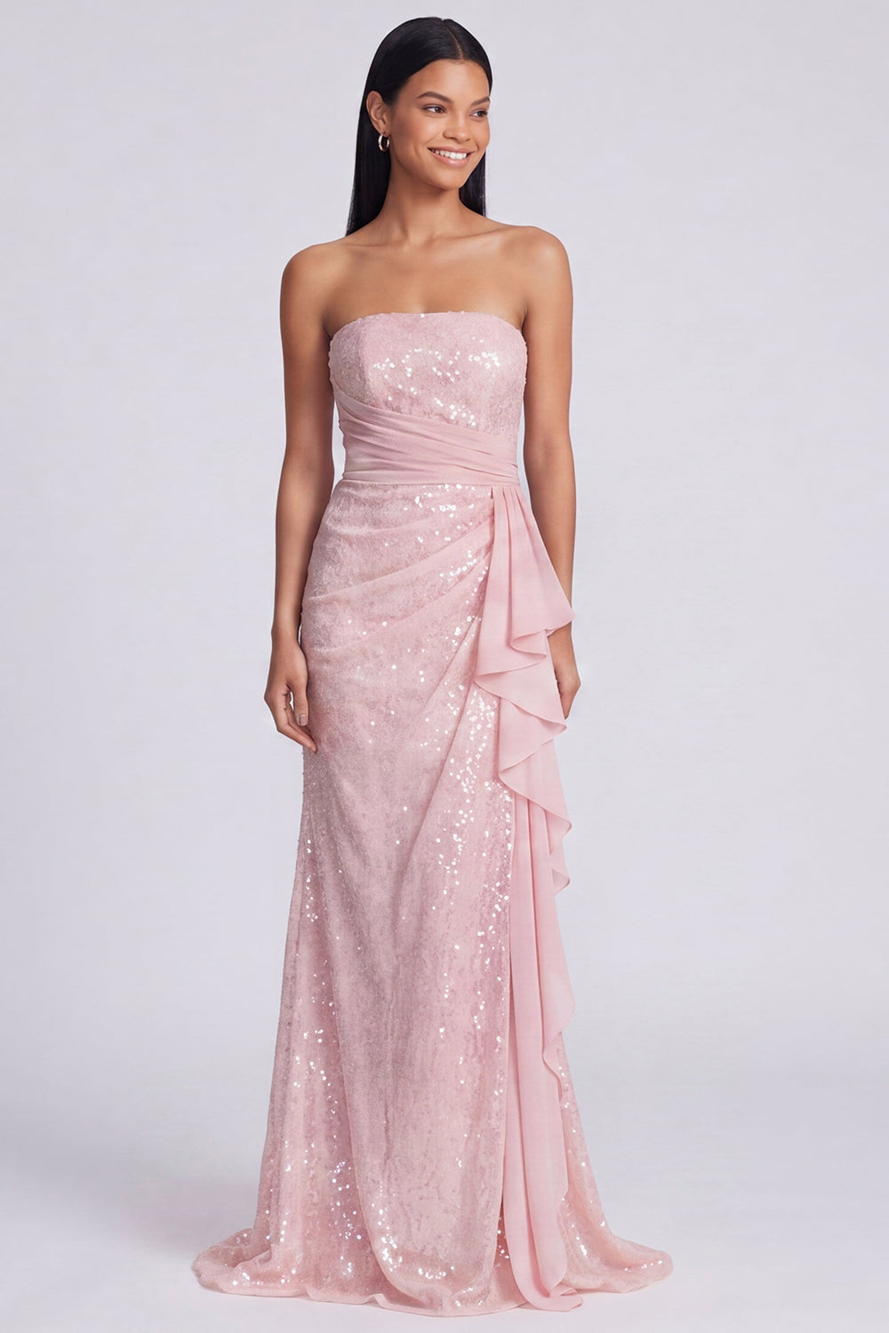 Robe de soirée sirène drapée à sequins rose clair sans bretelles