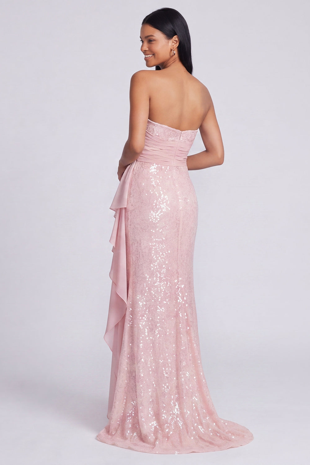 Robe de soirée sirène drapée à sequins rose clair sans bretelles
