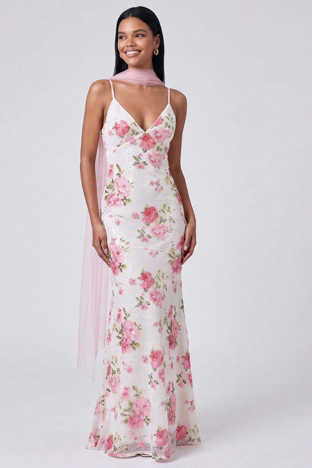 Robe longue sirène blanc rose florale à sequins