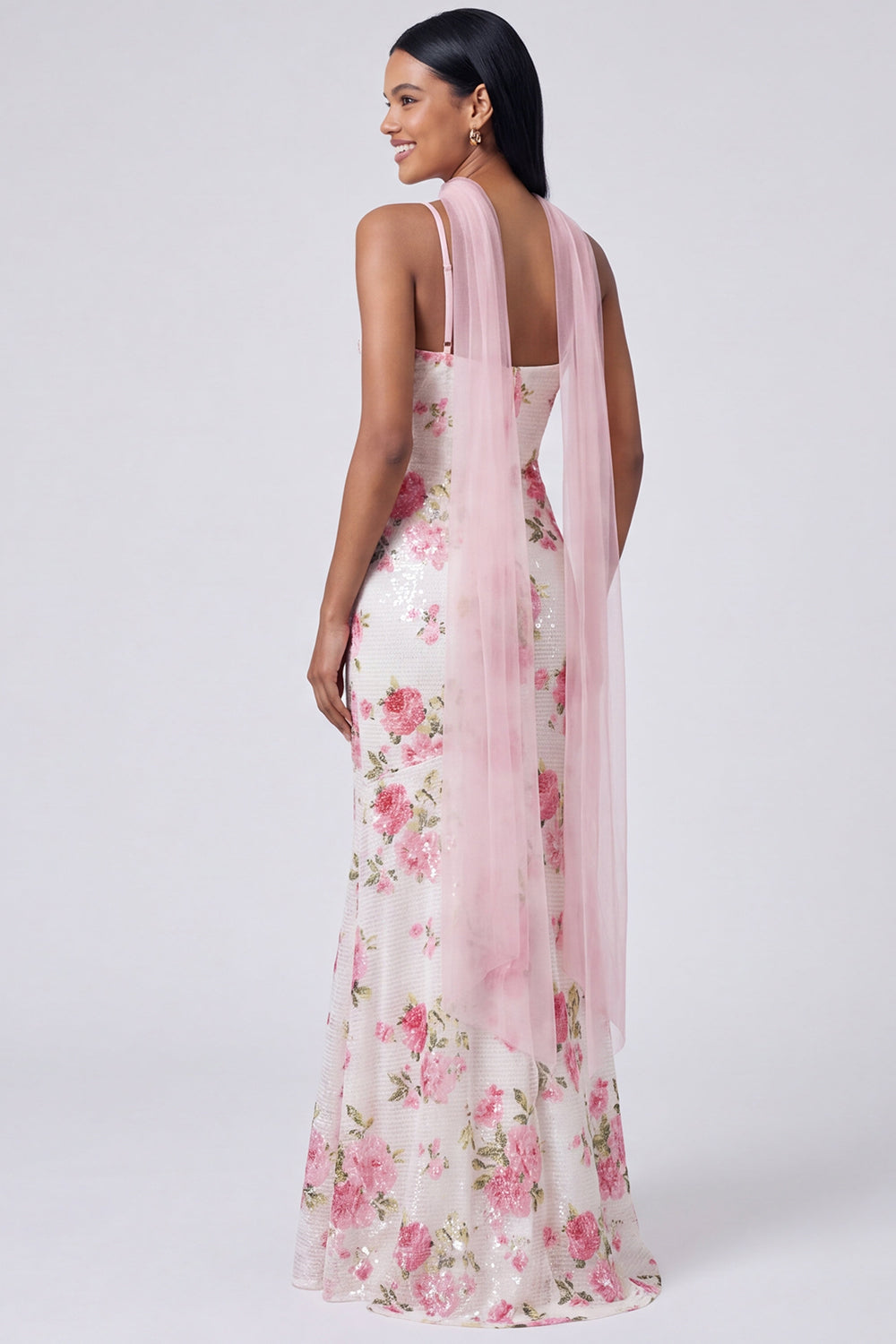 Robe longue sirène blanc rose florale à sequins