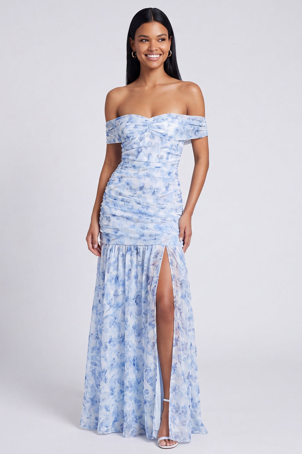Robe longue fendue coupe trapèze épaules dénudées à motif floral rose