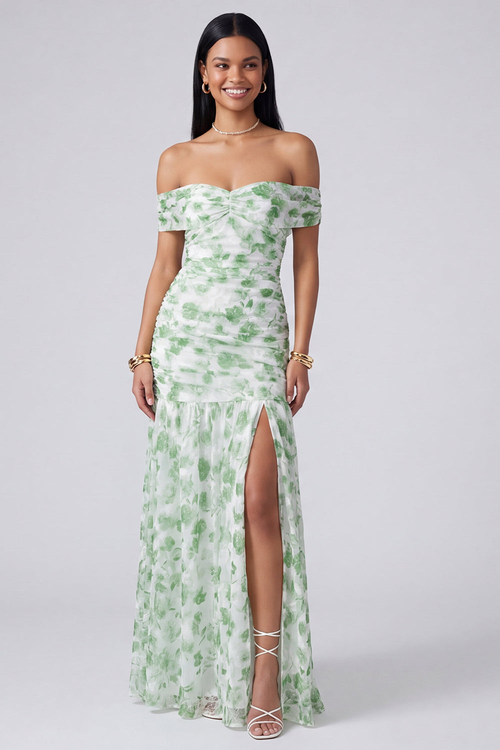 Robe longue fendue coupe trapèze épaules dénudées à motif floral rose
