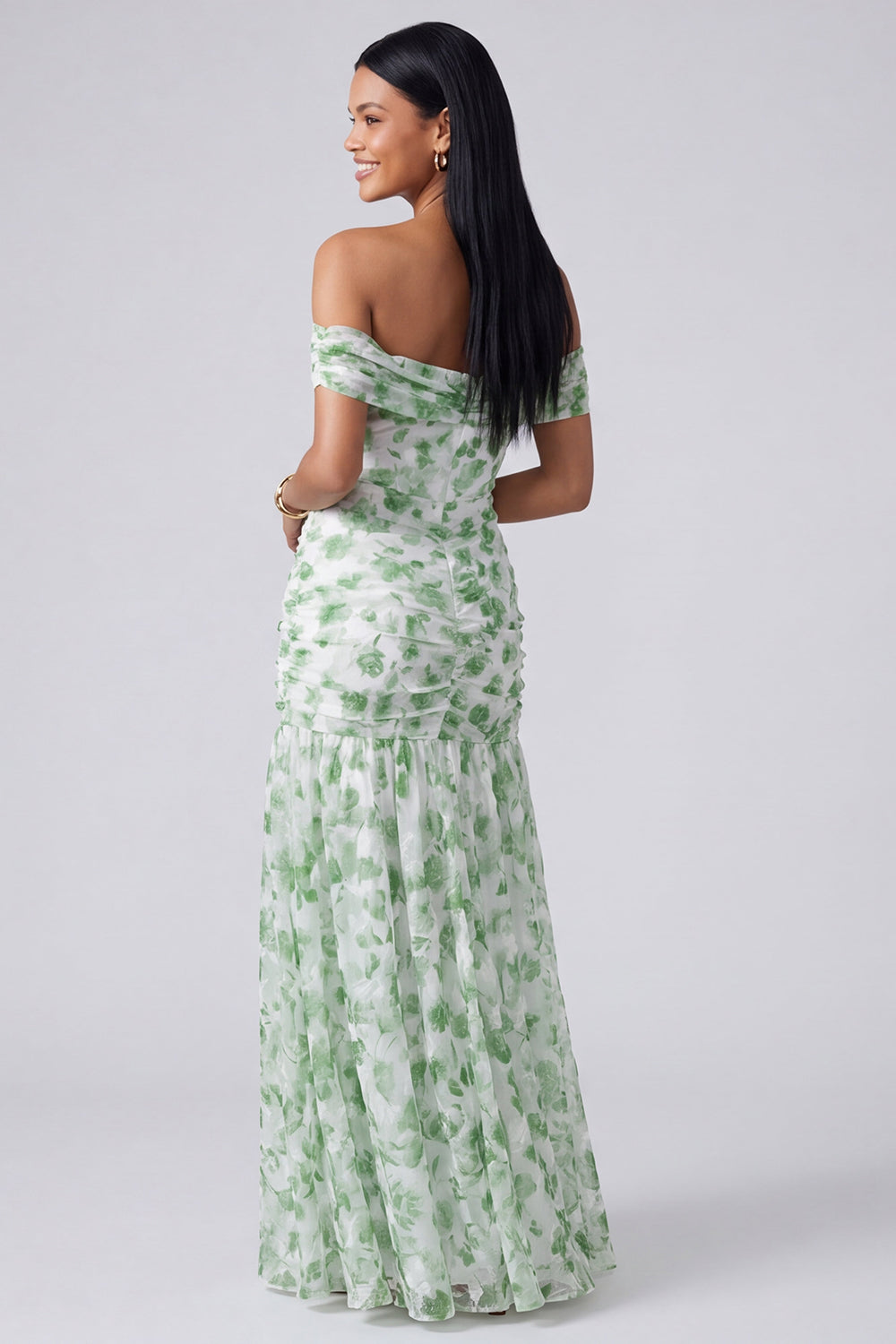 Robe longue fendue coupe trapèze épaules dénudées à motif floral rose