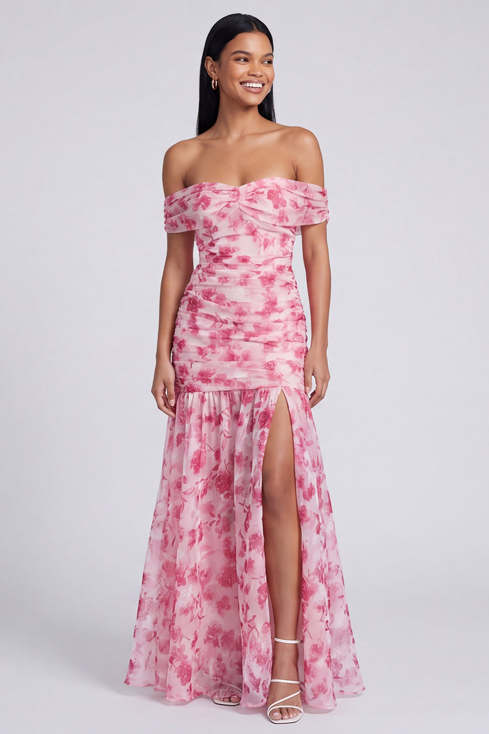 Robe longue fendue coupe trapèze épaules dénudées à motif floral rose