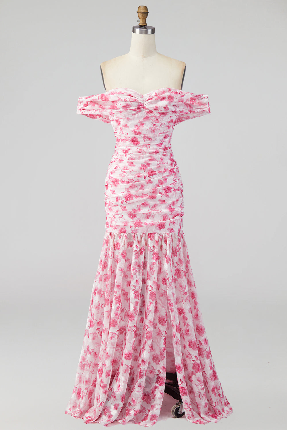 Robe longue fendue coupe trapèze épaules dénudées à motif floral rose