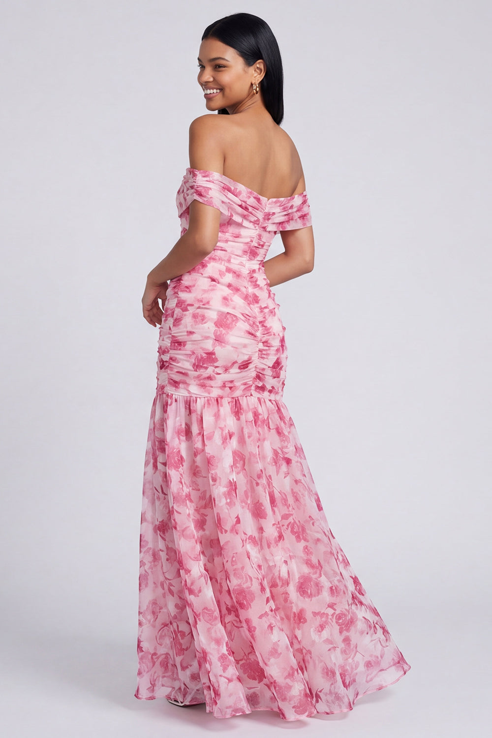 Robe longue fendue coupe trapèze épaules dénudées à motif floral rose