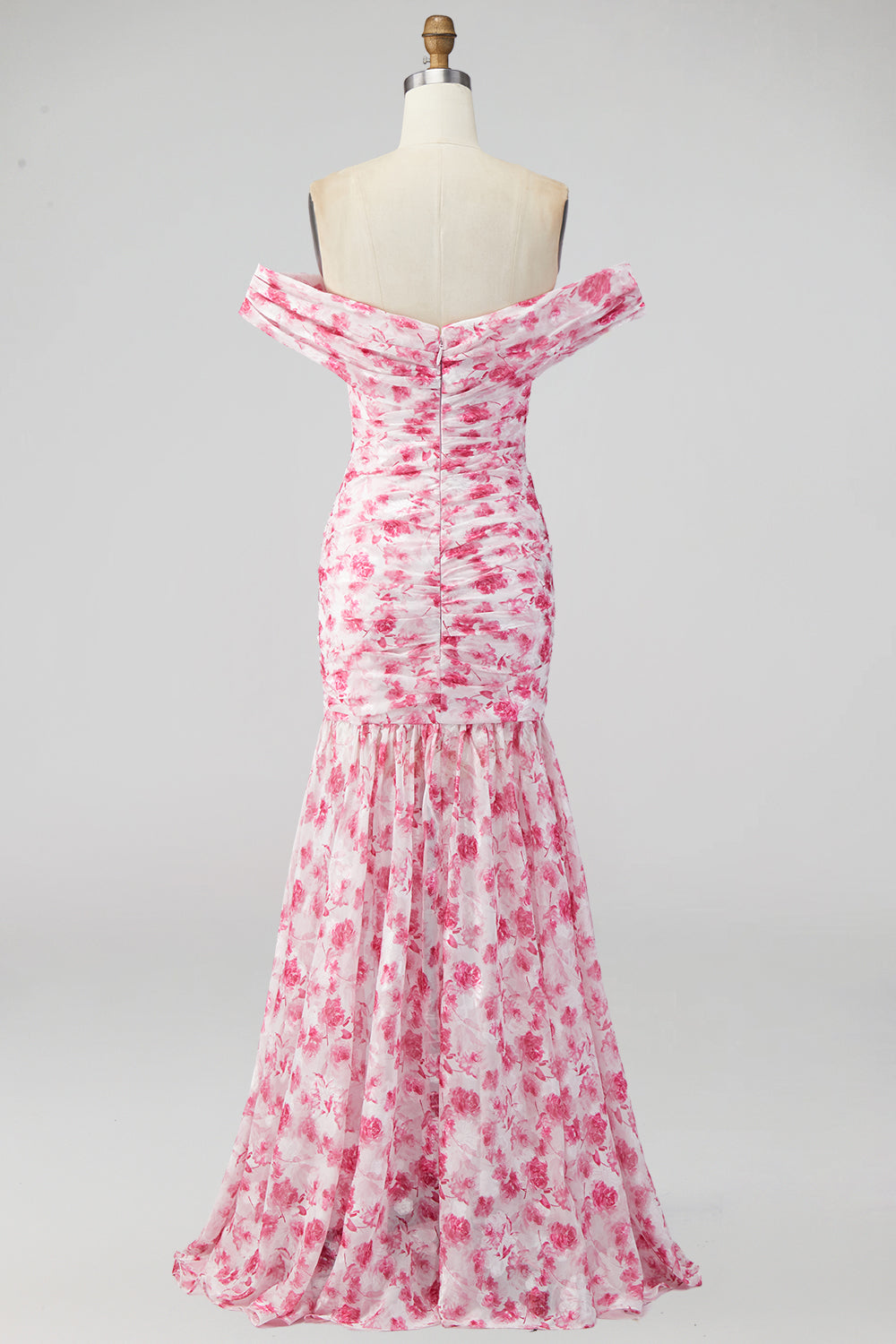 Robe longue fendue coupe trapèze épaules dénudées à motif floral rose