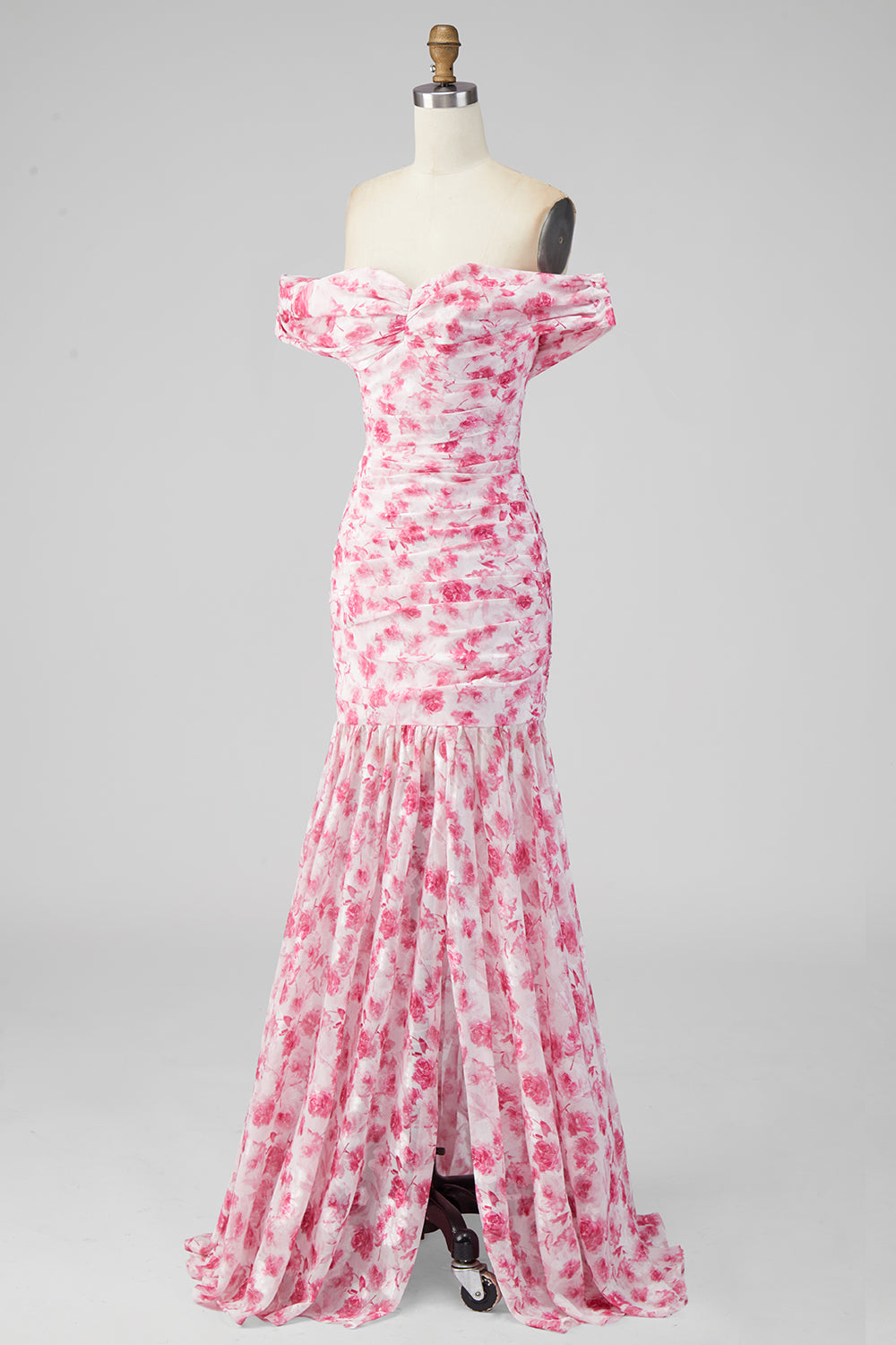 Robe longue fendue coupe trapèze épaules dénudées à motif floral rose