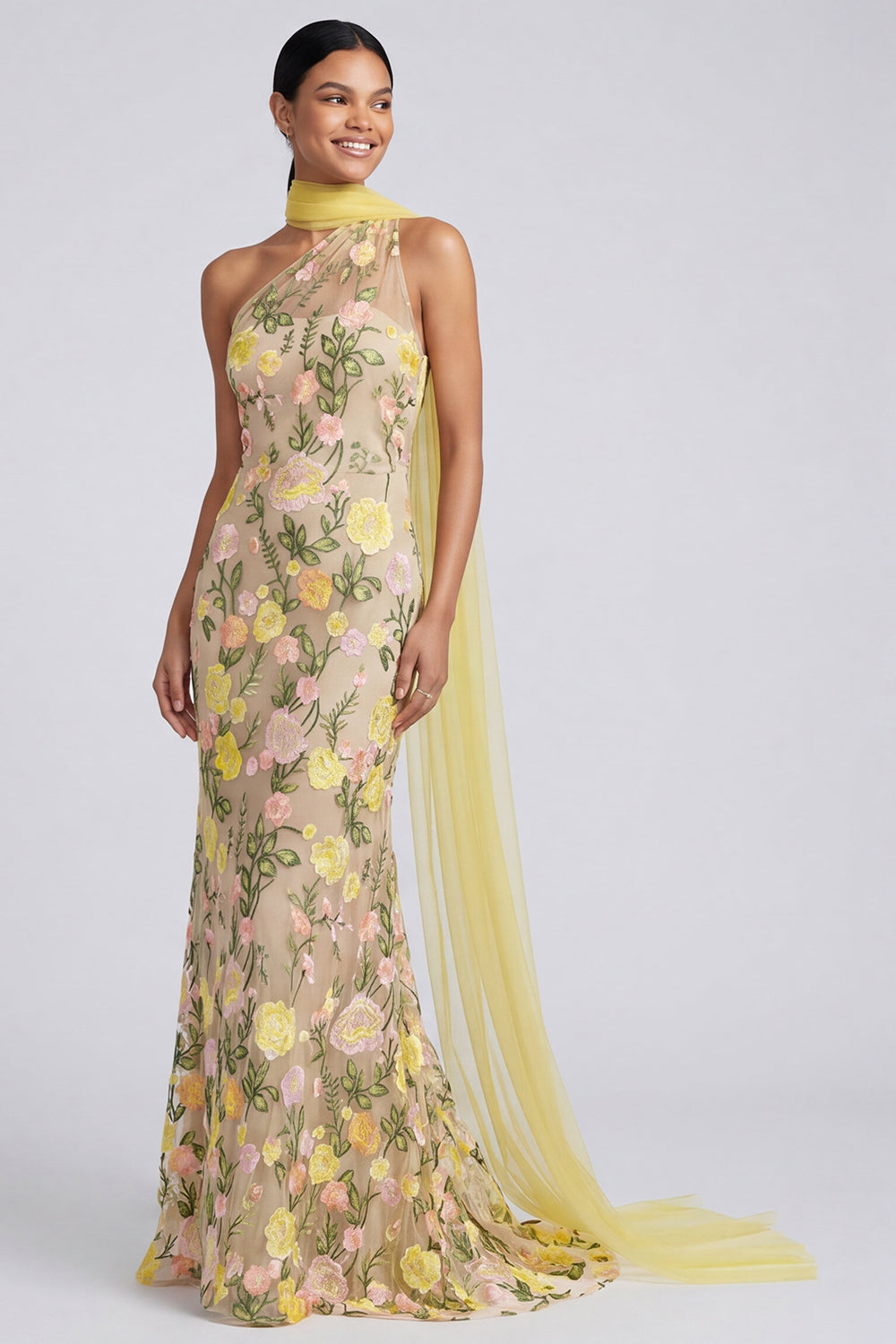 Vestido maxi floral con apliques amarillos de sirena y un solo hombro