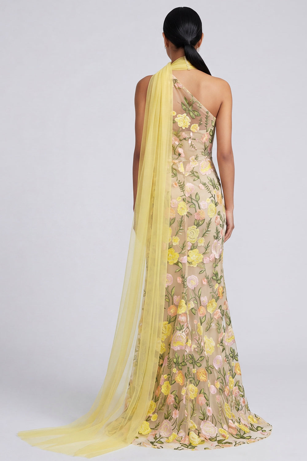 Vestido maxi floral con apliques amarillos de sirena y un solo hombro