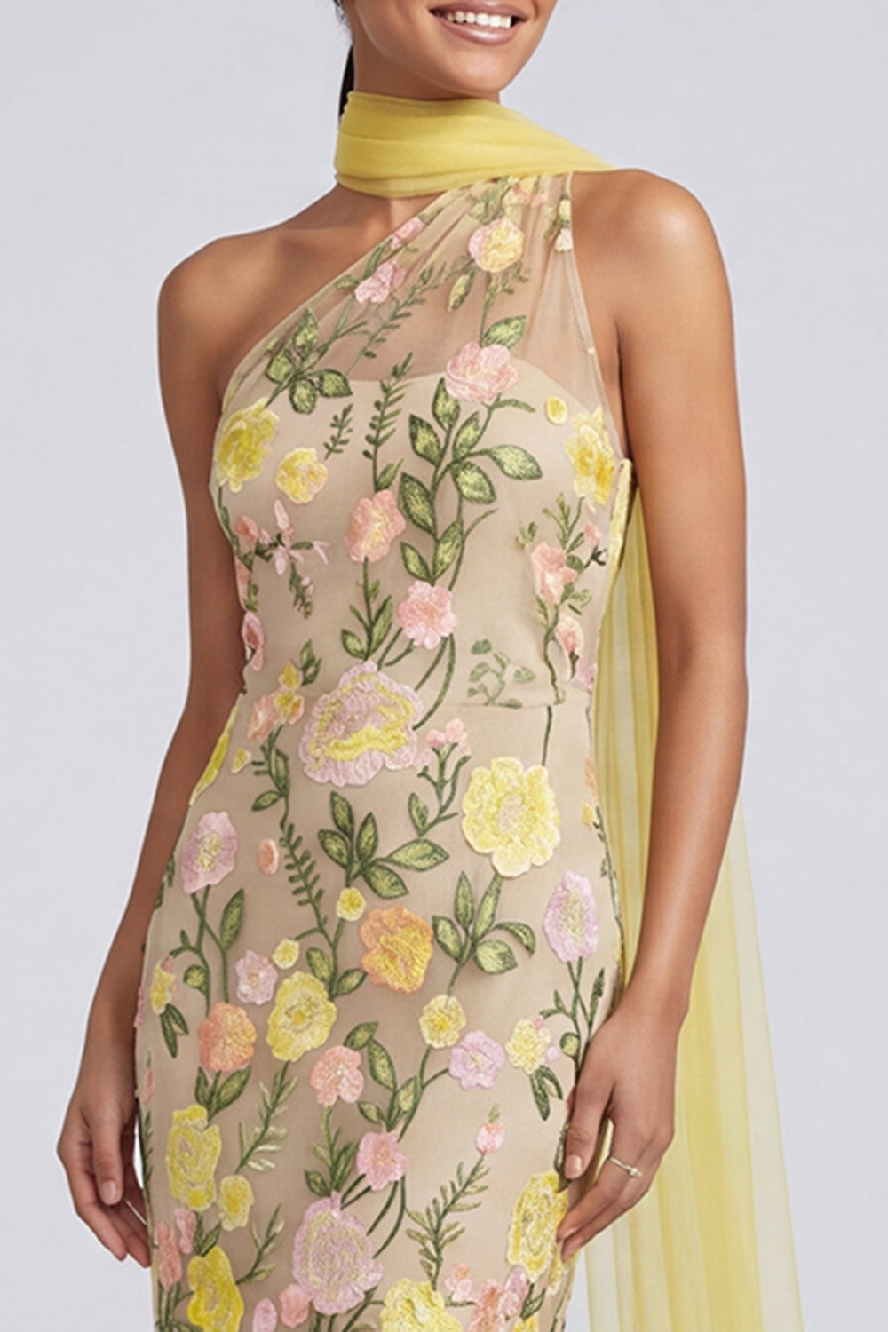 Vestido maxi floral con apliques amarillos de sirena y un solo hombro