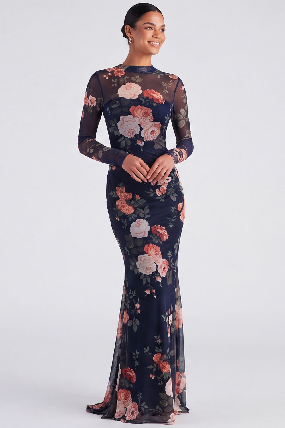 Ivory Floral Boat Neck Mermaid Long Sleeve Formal Dress