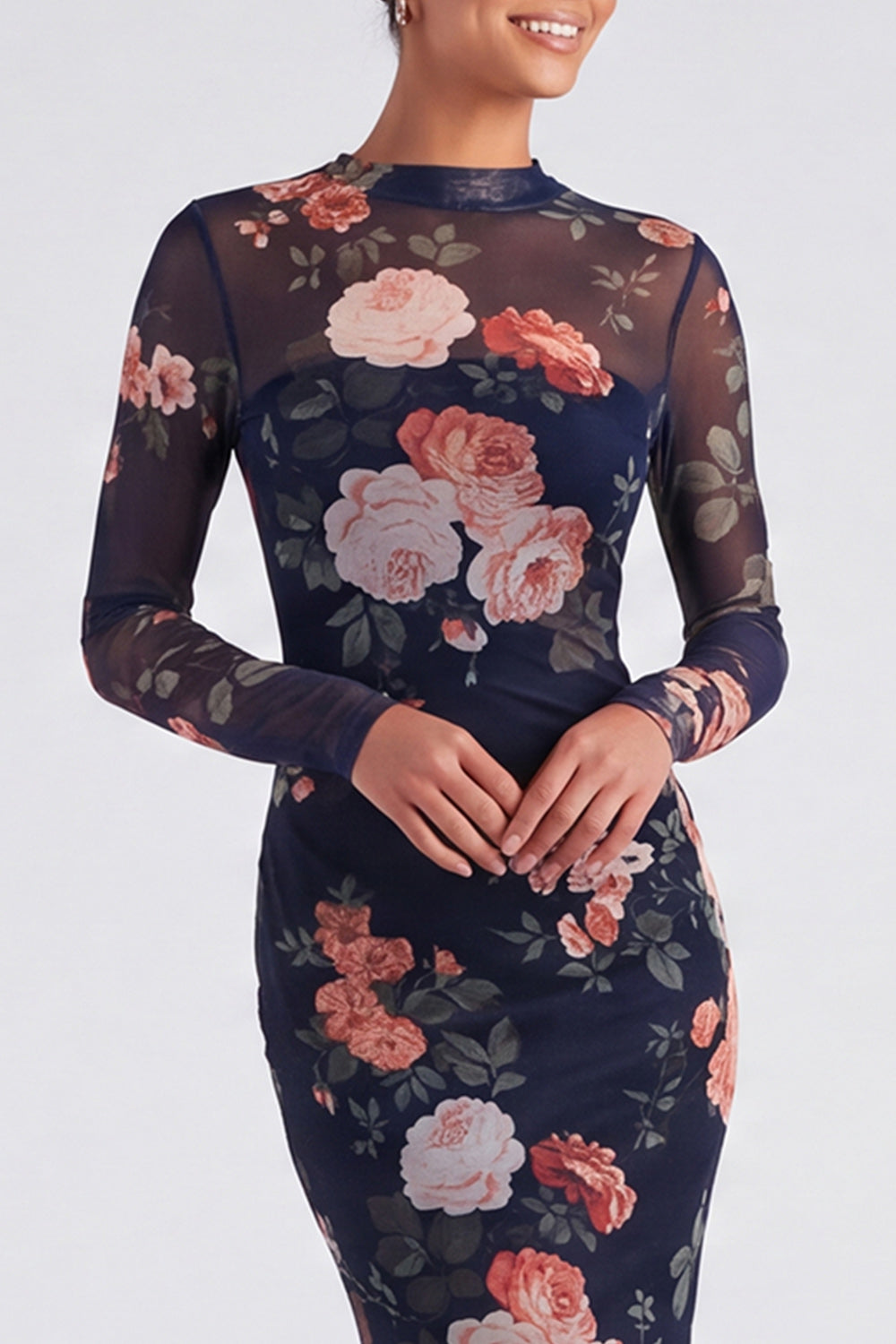 Ivory Floral Boat Neck Mermaid Long Sleeve Formal Dress