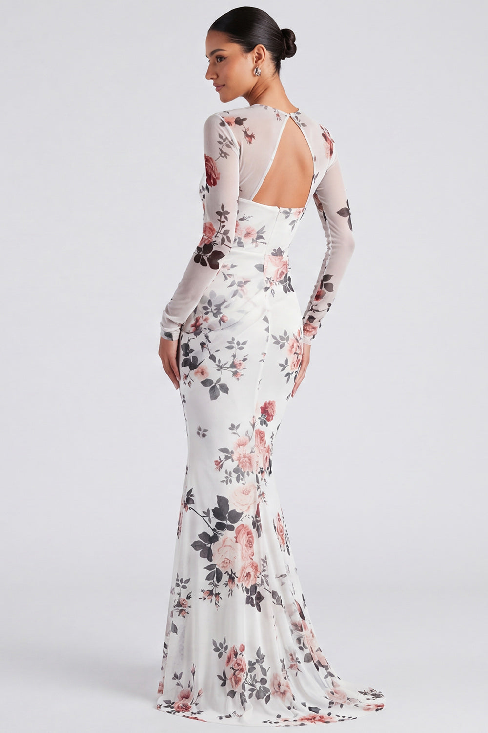 Ivory Floral Boat Neck Mermaid Long Sleeve Formal Dress