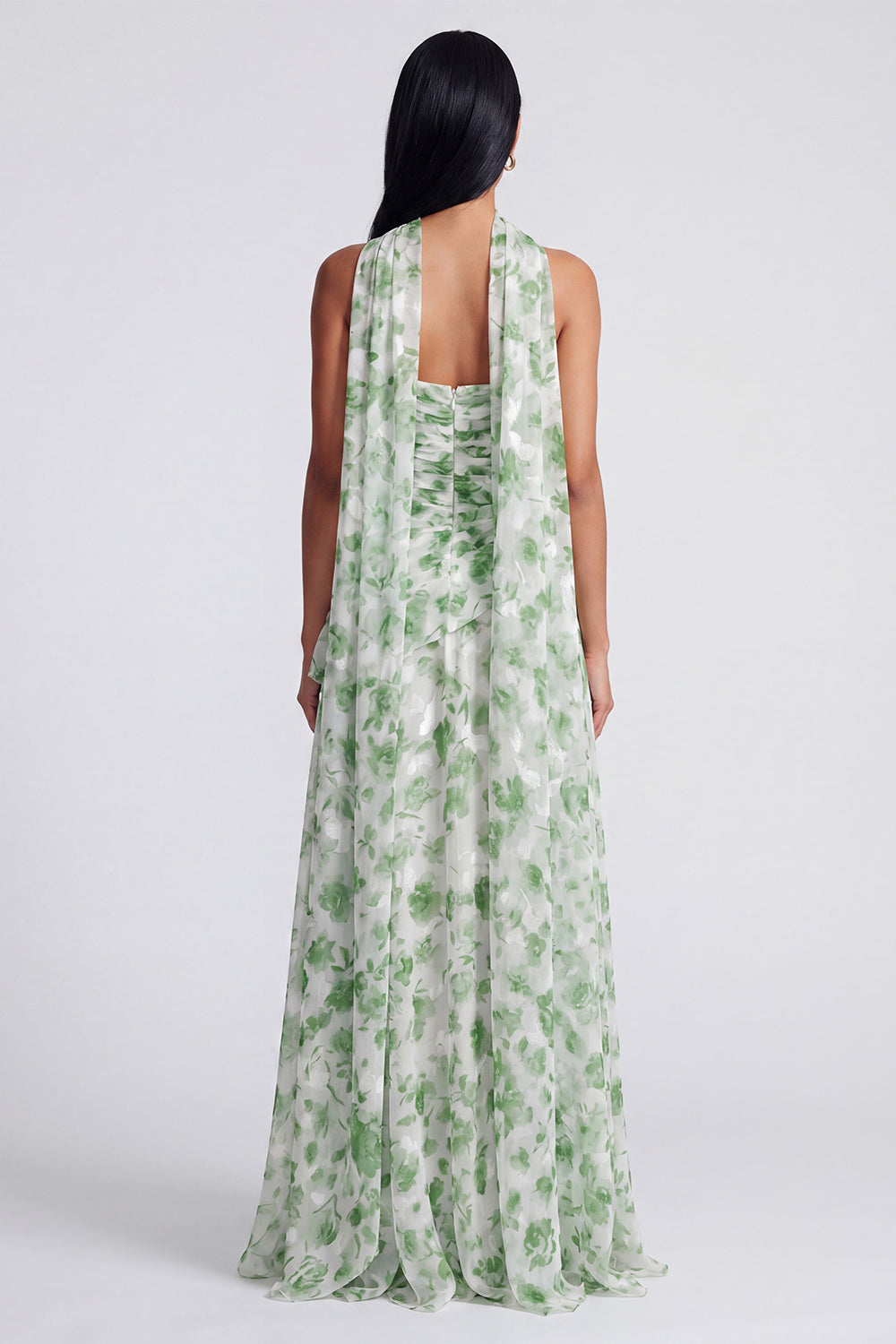 Light Green Strapless A Line Floral Maxi Dress with Scarf