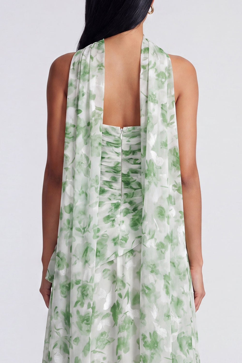 Light Green Strapless A Line Floral Maxi Dress with Scarf