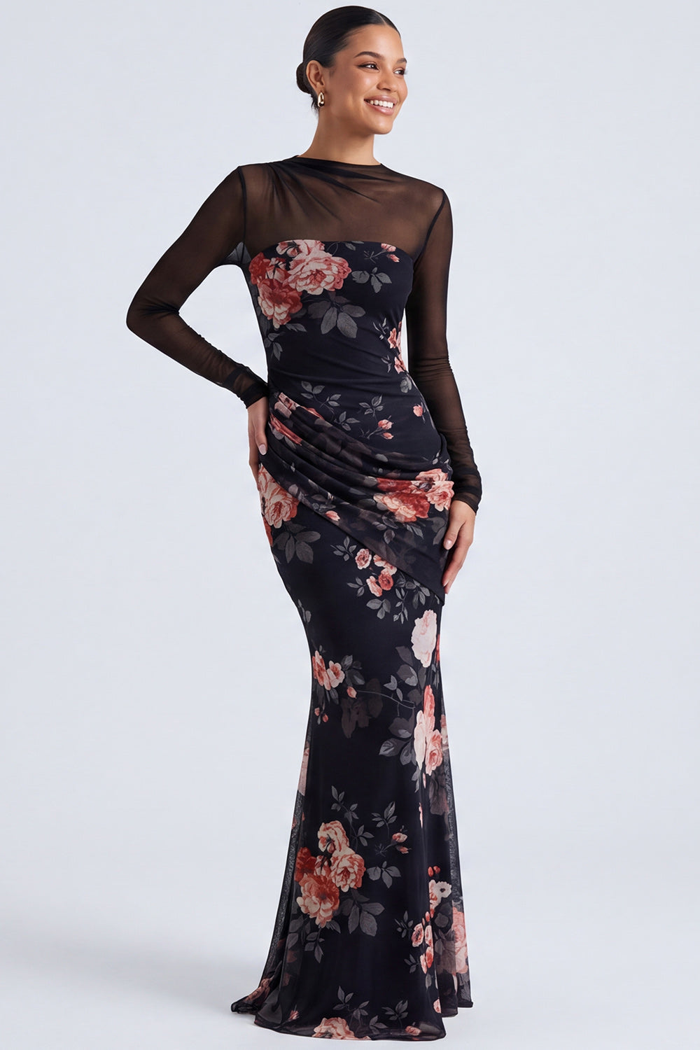 Black Floral Illusion Neck Mermaid Long Sleeve Formal Dress