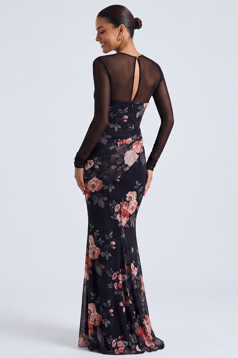 Black Floral Illusion Neck Mermaid Long Sleeve Formal Dress