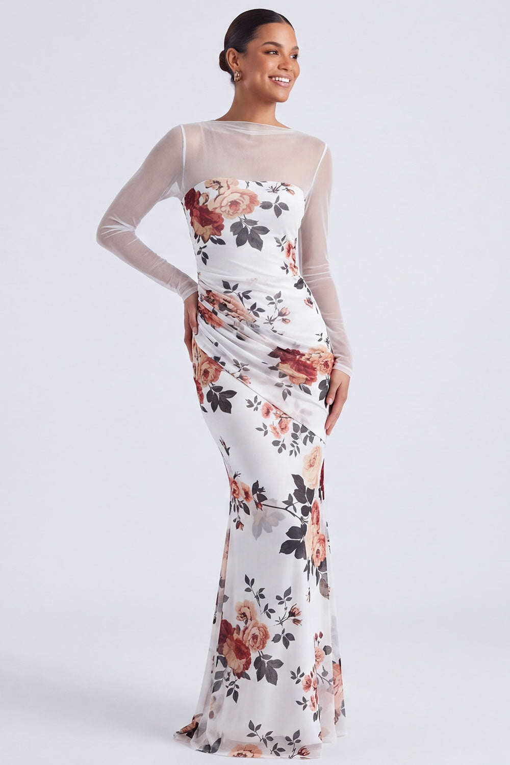 Black Floral Illusion Neck Mermaid Long Sleeve Formal Dress