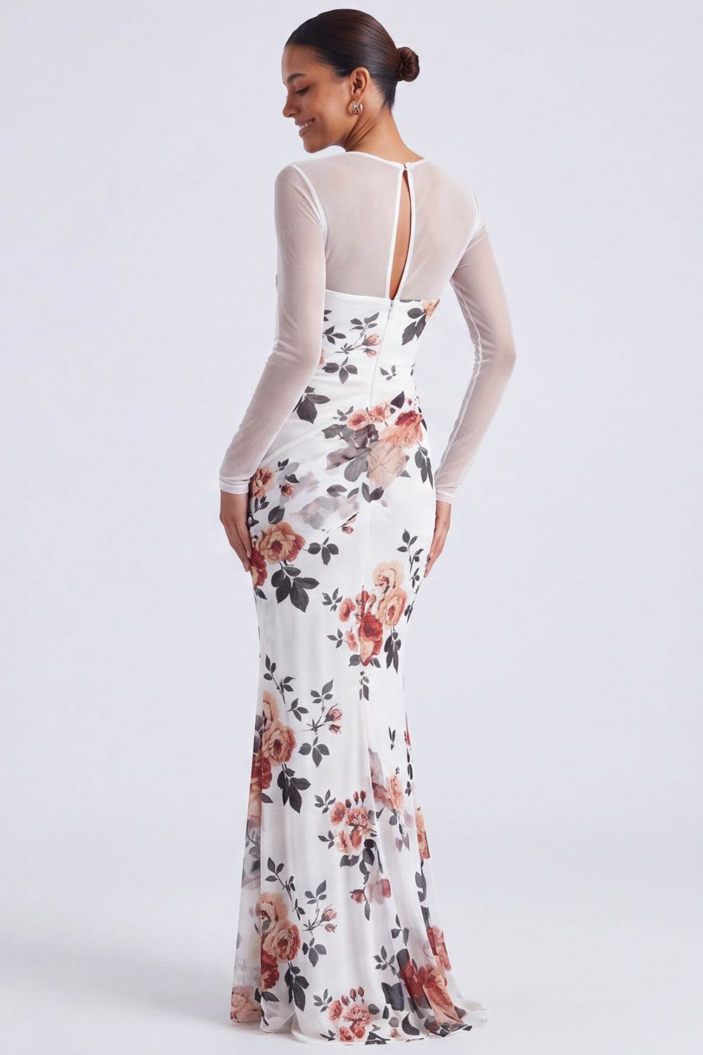 Black Floral Illusion Neck Mermaid Long Sleeve Formal Dress