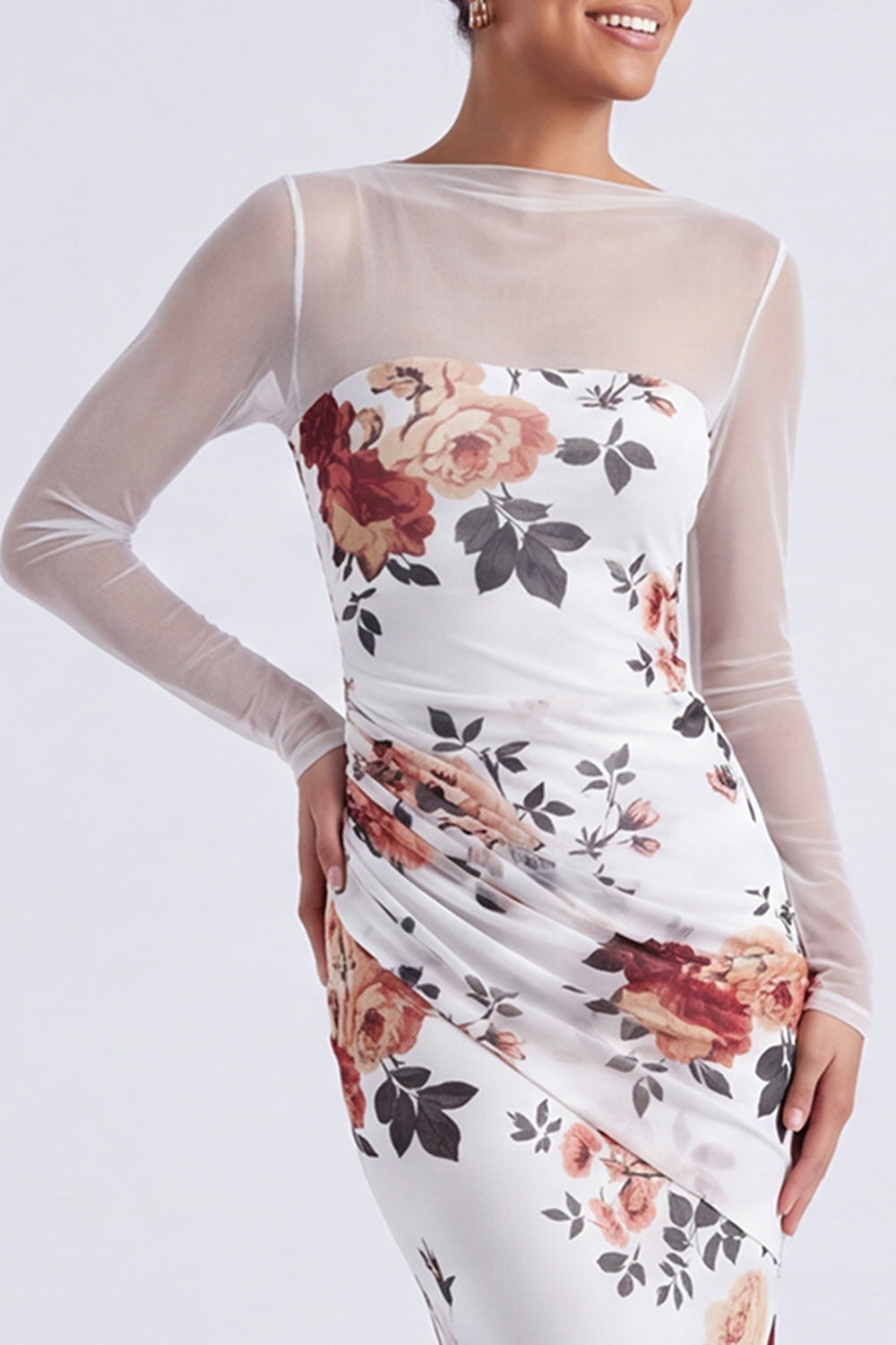 Black Floral Illusion Neck Mermaid Long Sleeve Formal Dress