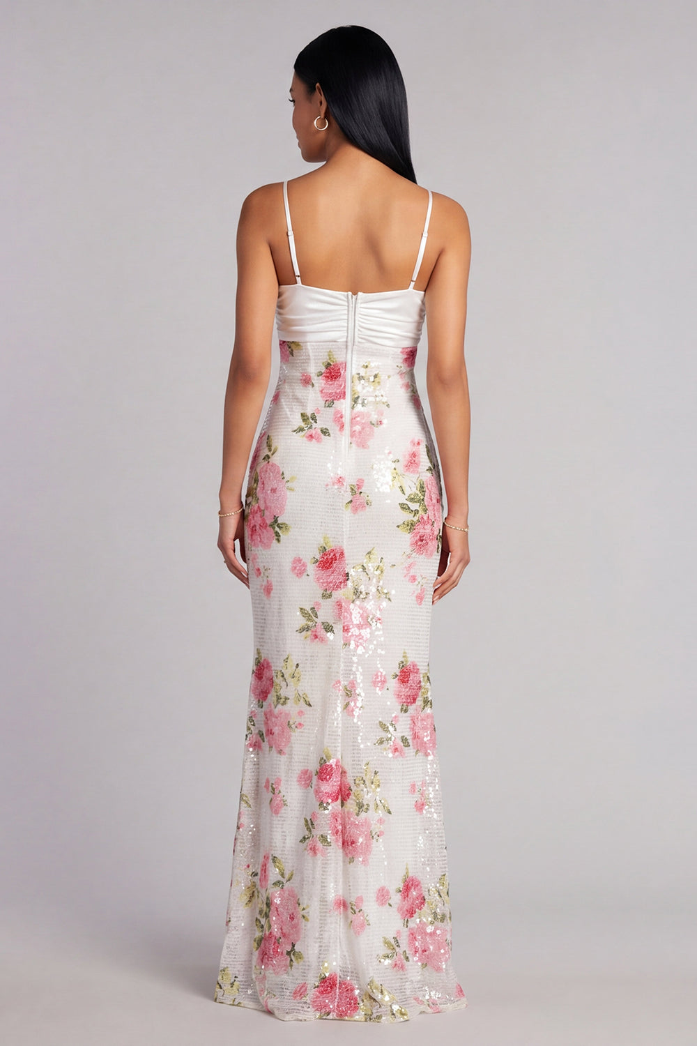 Ivory Floral Spaghetti Straps Sequin Mermaid Formal Dress