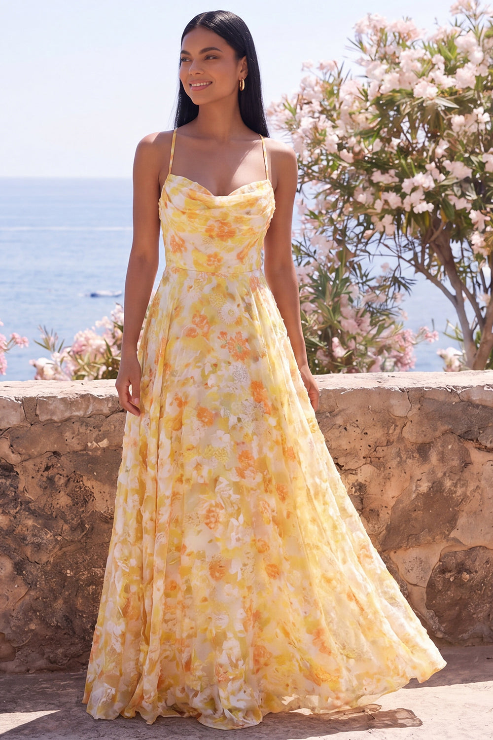 Robe longue évasée à fleurs jaune