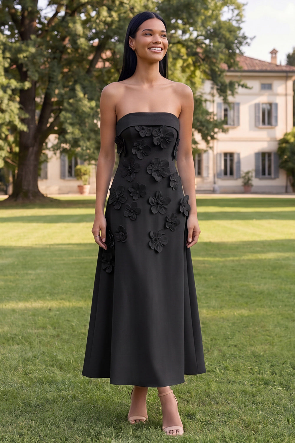 A-Line Yellow Strapless Midi Floral Dress
