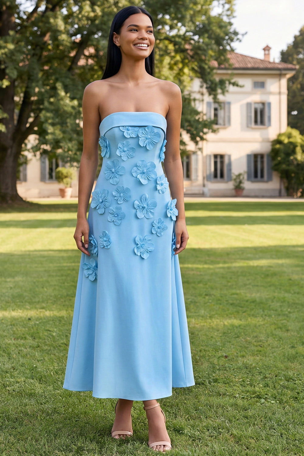 A-Line Yellow Strapless Midi Floral Dress