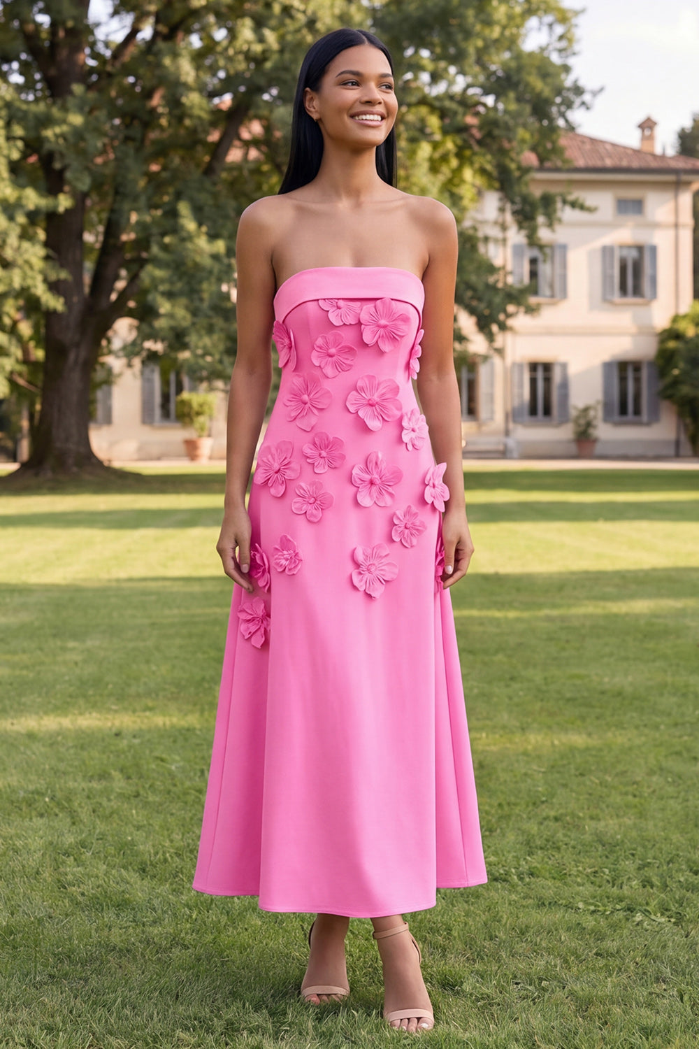 A-Line Yellow Strapless Midi Floral Dress