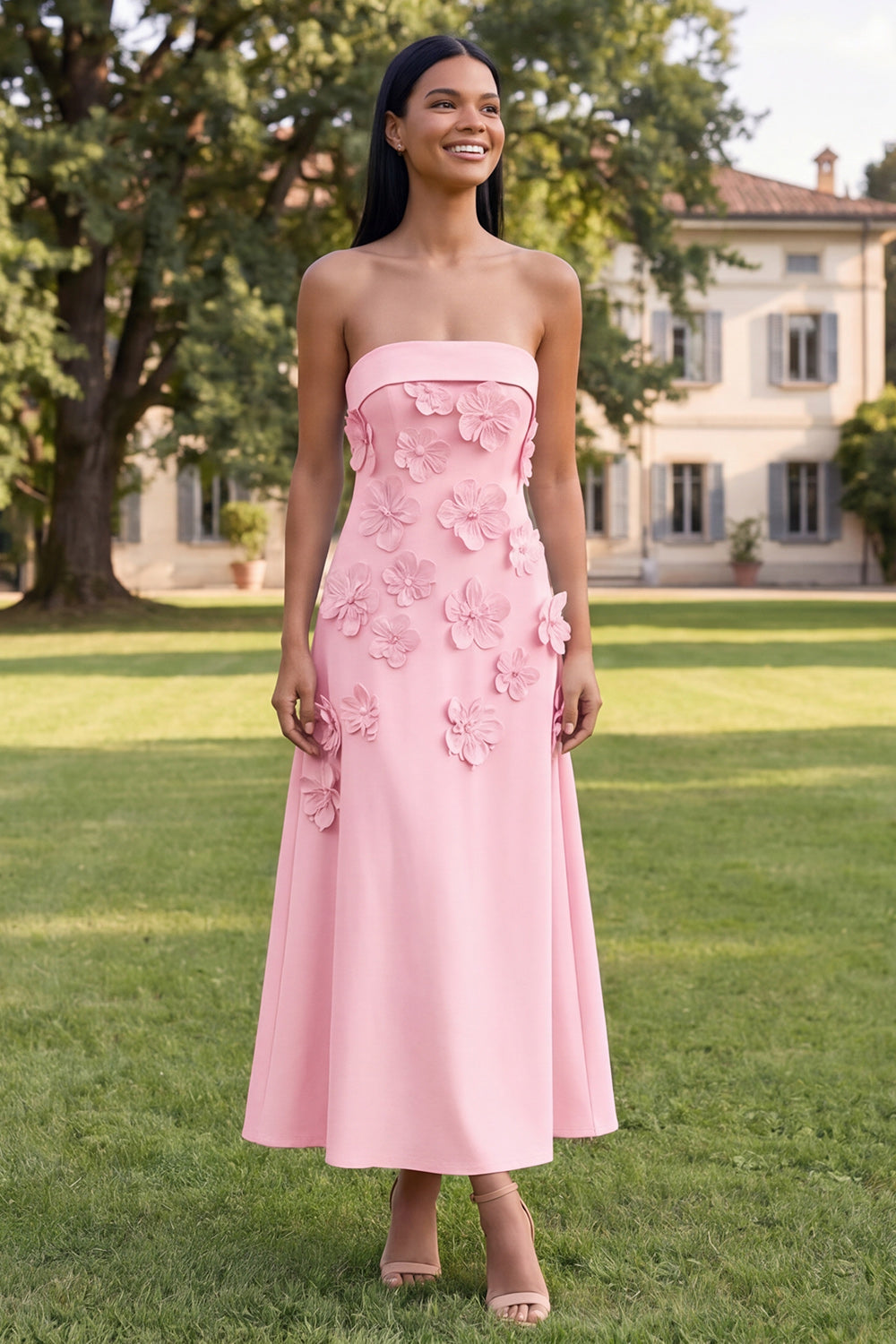 A-Line Yellow Strapless Midi Floral Dress