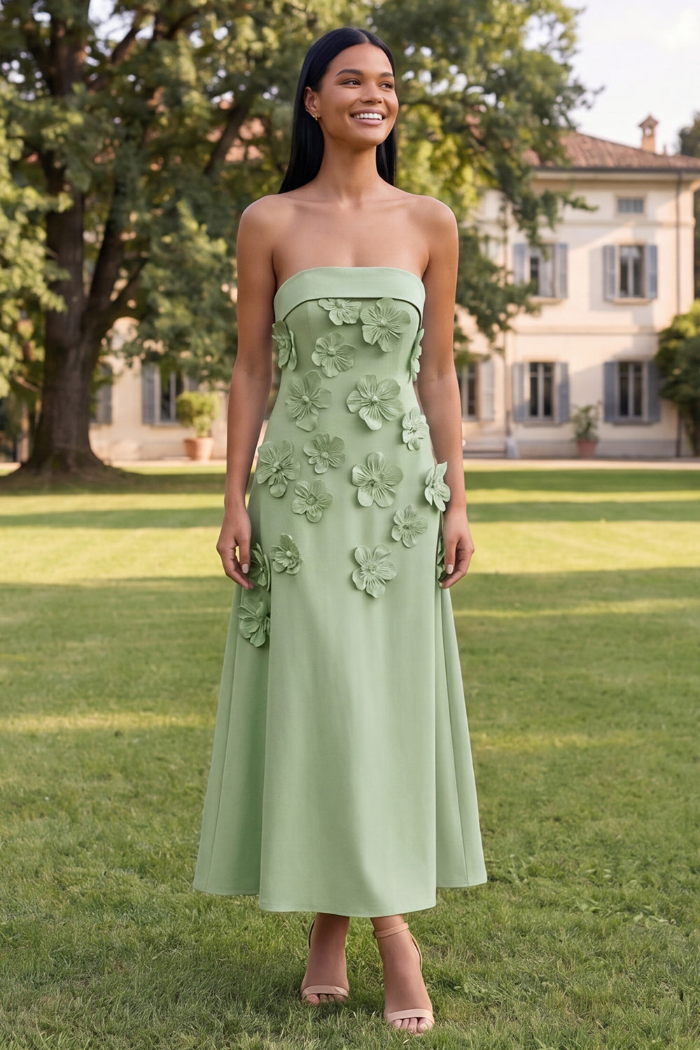 A-Line Yellow Strapless Midi Floral Dress
